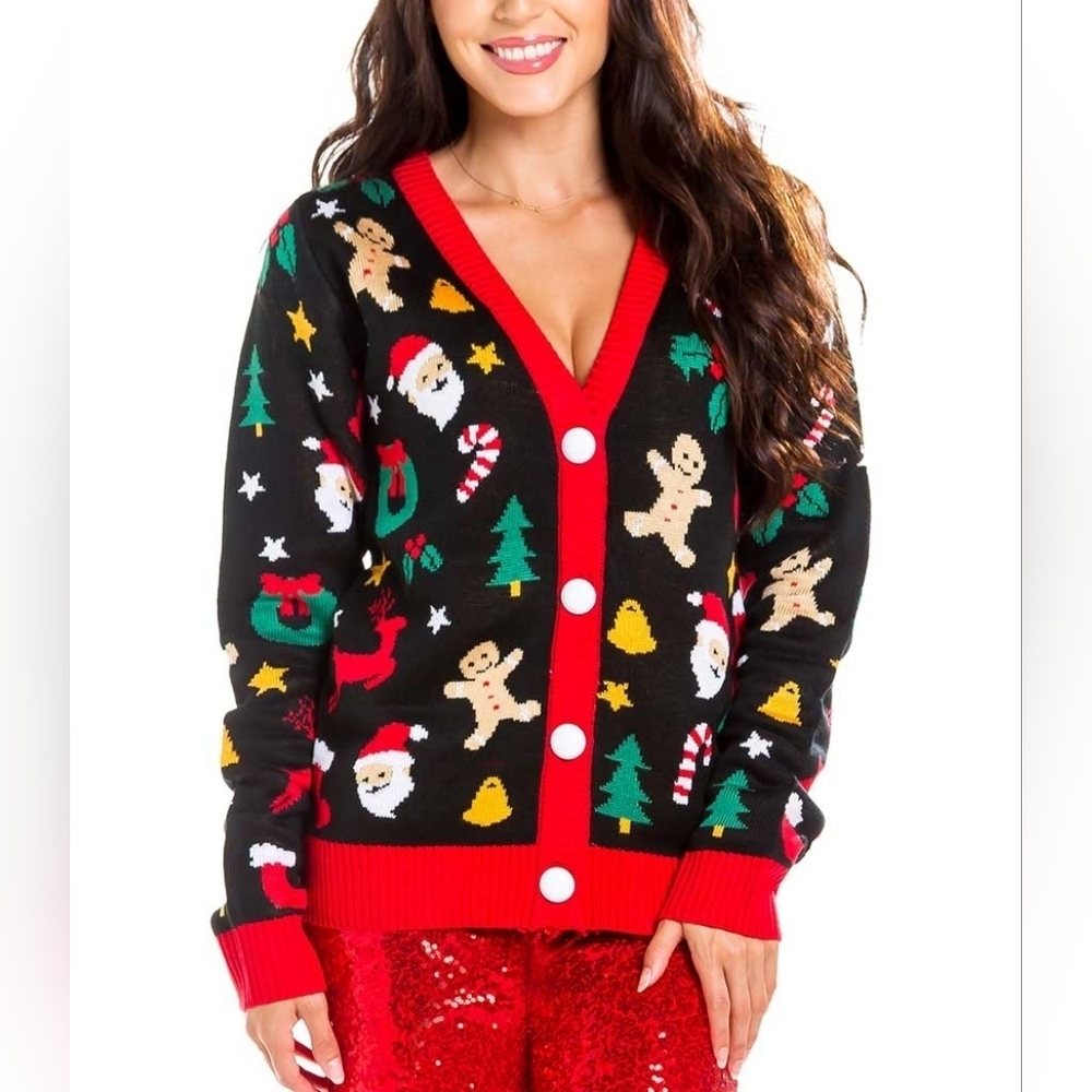 Tipsy Elves Black V-Neck Christmas Cookie Cardigan, Size Large. NWT
